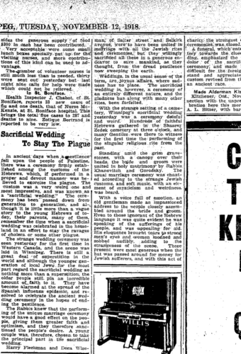 Winnipeg Free Press coverage of the Shvartse Khasene November 12, 1918